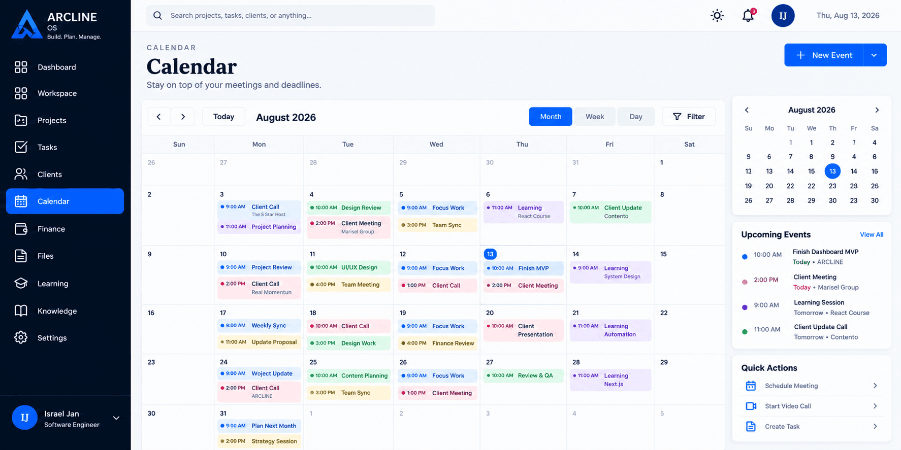 Calendar ARCLINE screen
