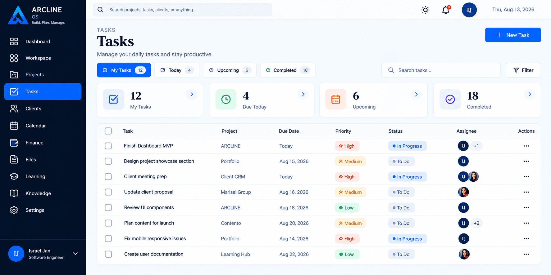 Tasks ARCLINE screen